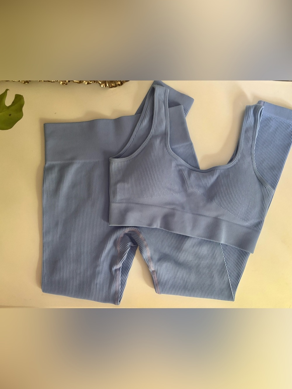 SET- Ribbed Light Blue Women’s Work Out Bra/ Top and Leggings- Stretch Comfort